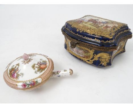 A Sevres porcelain covered box, of shaped form, the cover and sides decorated with panels of figures on horseback in landscap