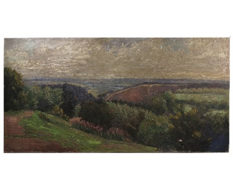 W Bannister, oil on canvas, landscape view from a hillside, dated 1942, unframed, 20ins x 40ins, the reverse painted with a p