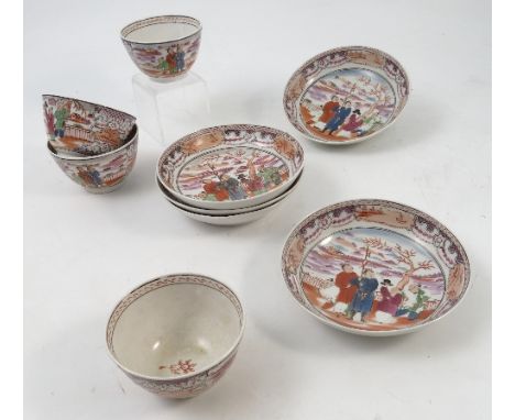 Four 19th century English porcelain tea bowls, together with five similar saucers, all decorated in polychrome colours with O