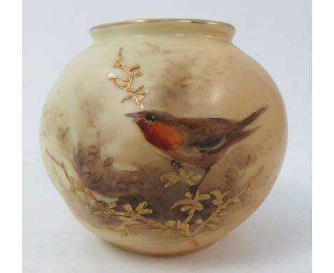 A Royal Worcester blush ivory squat vase, with wrythen moulding, decorated with a robin on a gilt branch, shape number G161, 