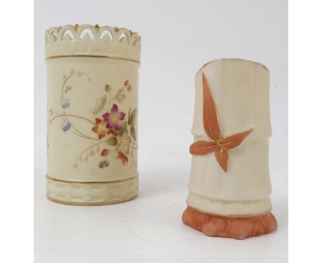 A Royal Worcester blush ivory spill vase, shaped number 1049, dated 1845, height 2.75ins, together with a small castellated c