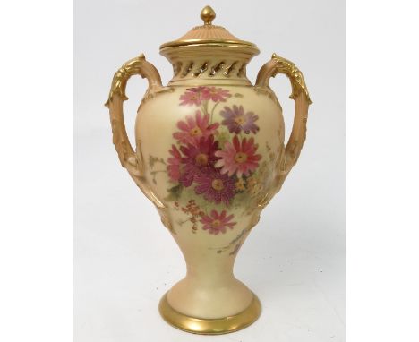 A Royal Worcester two handled blush ivory covered vase, decorated with flowers, shape number 1927, circa 1901, height 9.5ins