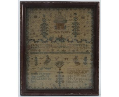A 19th century tapestry sampler, decorated with verse, alphabet, flowers, birds and buildings, by Amilia Bemrose, April 25 18