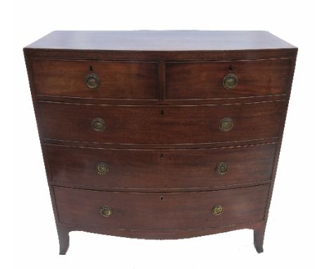 A 19th century mahogany bow front chest, with ebonised line inlay to the top, fitted two short over three long drawers, raise