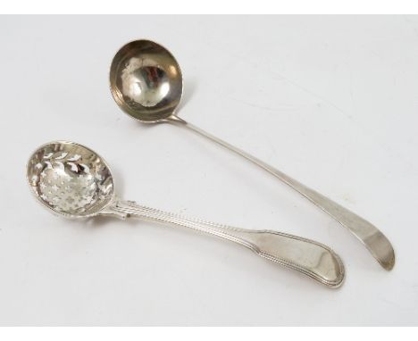 A 19th century Scottish silver ladle, maker M.C, together with a fiddle and thread pattern sifting spoon, London 1802