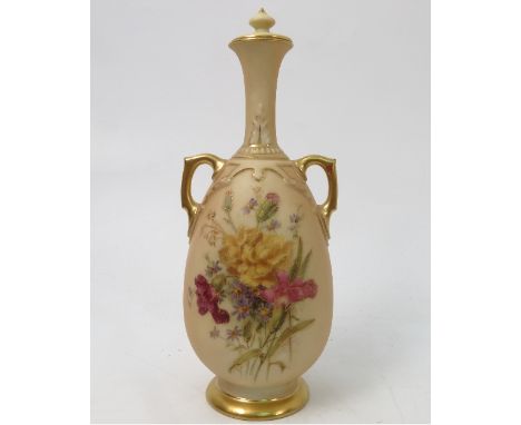 A Royal Worcester blush ivory covered vase, decorated with flowers, shape number 1762, circa 1915, height 9.25ins