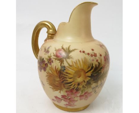 A Royal Worcester blush ivory flatback jug, decorated with flowers, shape number 1094, circa 1905, height 7.5ins