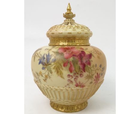 A Royal Worcester blush ivory crown top pot pourri, decorated with flowers, shape number 1286, circa 1911, height 7.5ins