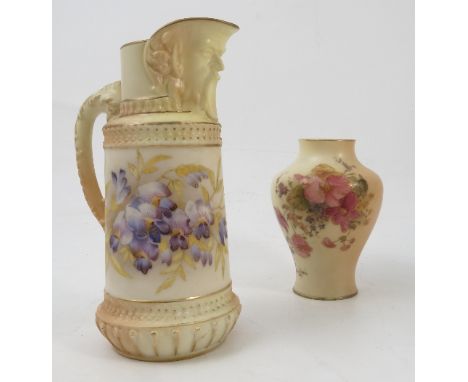 A Royal Worcester blush ivory mask jug, decorated with flowers, shape number 1366, dated 1890, height 6.25ins, af, together w