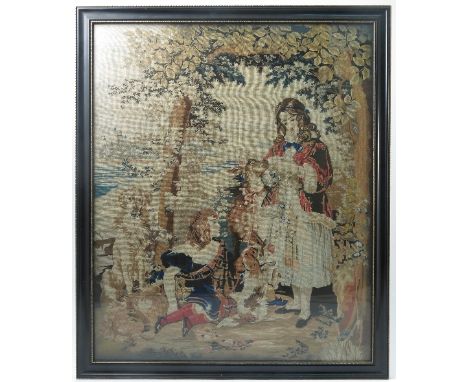 A 19th century tapestry picture, children and animals in landscape, 26.75ins x 22ins 