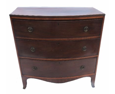 A 19th century mahogany bow front chest, of three long drawers, raised on splayed bracket feet, width 37ins 