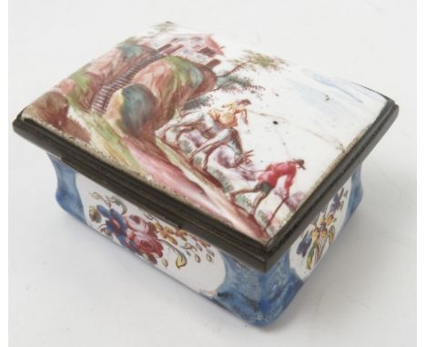 A late 18th century Bilston enamel box, of rectangular form, the lid decorated with a house on a hill and a figure riding a m