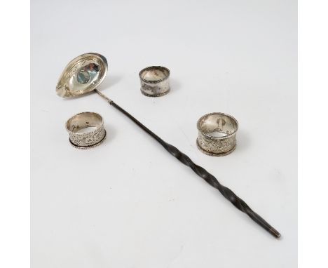 Three hallmarked silver napkin rings, together with a quantity of silver plated flatware and a toddy ladle 