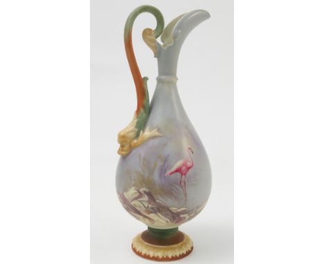 A Royal Worcester ewer, decorated with a flamingo in the manner of Powell, to a blue ground, shape no. 2441, dated 1913, heig