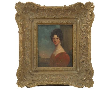 An antique oil on panel, portrait of a woman wearing a red dress and pearls, 7ins x 5.5ins