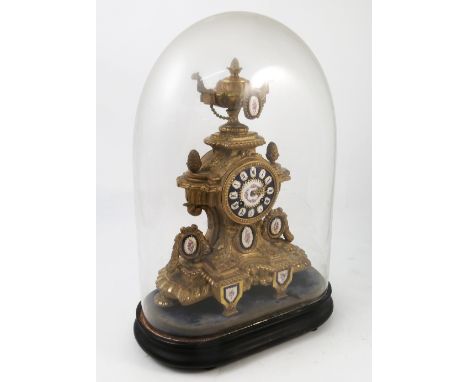 A 19th century gilt metal mantel clock, the striking movement stamped Japy Fils 1855, the blue enamel dial with flowers to th