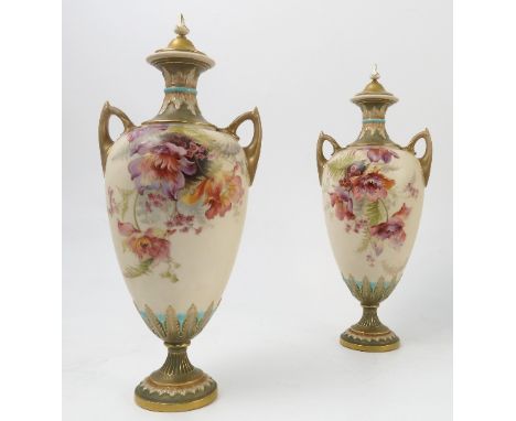 A pair of Royal Worcester vases, decorated with flowers to a gilded ivory ground, shape no. 1921, dated 1897  height 13.5ins