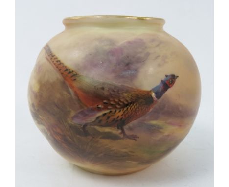 A Royal Worcester blush ivory squat vase, with wrythen moulding, decorated with a cock pheasant in landscape by Jas Stinton, 