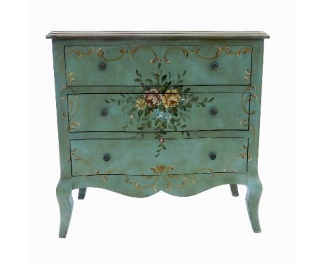 A vintage painted chest, of three drawers, decorated with flowers to a painted blue ground with scrolls, width approximately 