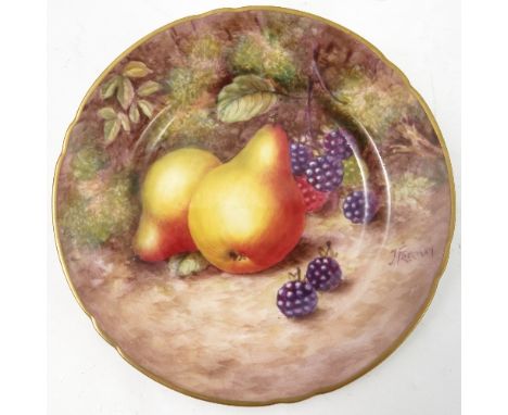 A Royal Worcester side plate, decorated with hand painted fruit, by Freeman, to a shaped gilded edge, circa 1954, diameter 6.