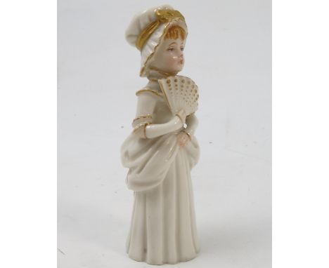 A Royal Worcester candle snuffer, Town Girl, modelled as a Victorian lady holding a fan, puce mark, af, height 3.5ins