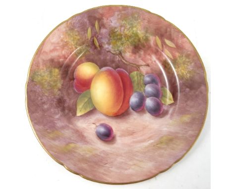 A Royal Worcester side plate, decorated with hand painted fruit, by Maybury, to a shaped gilded edge, circa 1954, diameter 6.