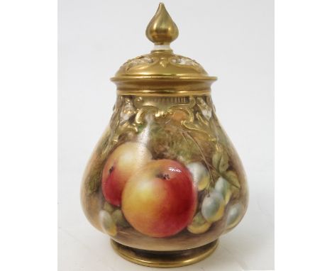 A Royal Worcester quarter lobed covered vase, decorated half round with hand painted fruit, by Smith, shape number H291, circ