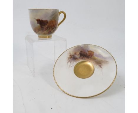 A Royal Worcester miniature coffee cup and saucer, decorated to the exterior of the cup and to the saucer with Highland cattl