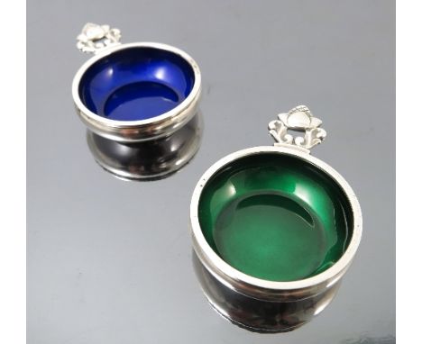 A pair of Georg Jensen Sterling silver Acorn pattern salts, with green and blue enamel liners, stamped to base, pattern numbe