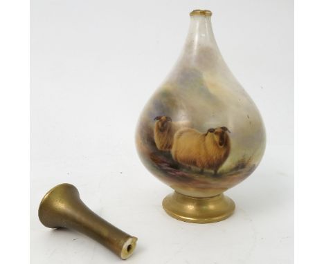 A Royal Worcester bottle vase, decorated with sheep in a landscape, by E Barker, shape number H307, circa 1919, neck broken, 