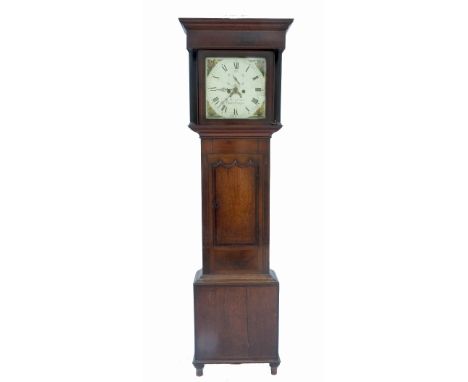 A 19th century oak long case clock, with square painted dial by Harrison of Market Drayton, being part cross banded with boxw