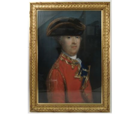 Circle of Francis Cotes, mid 18th century pastel, portrait of an officer of the First Foot Regiment, 25.5ins x 17ins 