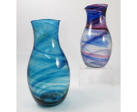 Two 20th century art glass vases, of baluster form, one decorated in blue the other in red and blue, height 11ins