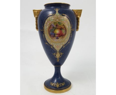 A Royal Worcester pedestal vase, decorated with a reserve panel of fruit, by Townsend, to a mottled blue ground, shape number