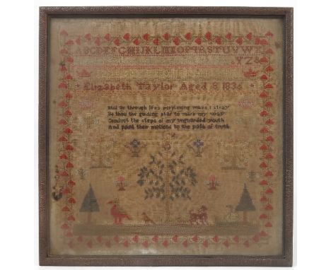 A 19th century tapestry sampler, by Elizabeth Taylor, aged 8 1836, with alphabet, verse and pictures, 12.5ins x 12.5ins