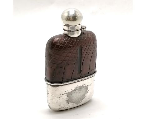 Antique silver plated &amp; crocodile leather hip flask - 14cm x 8cm &amp; losses to plating finish &amp; is in used conditio