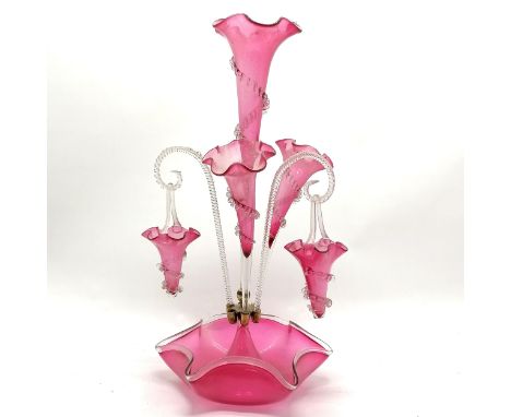 Antique cranberry glass epergne - 53cm high - lacks 2 flutes but has no obvious damage 