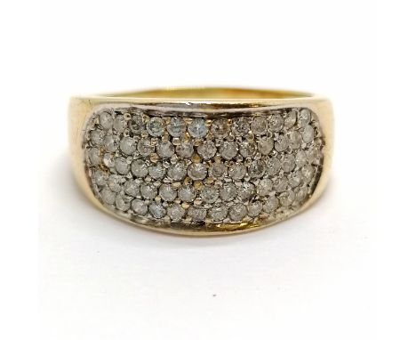 9ct hallmarked gold diamond (64) set ring - size U½ &amp; 5.8g total weight ~ shank has small fracture &amp; head has wear 