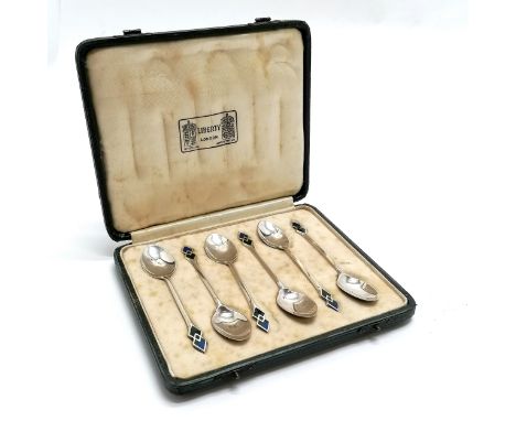 Liberty of London cased set of silver &amp; enamel spoons - 9.5cm &amp; 39g total weight ~ very light abrasions but in good u
