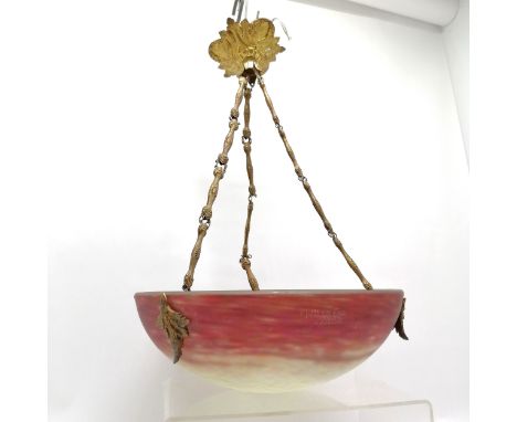 Antique French Art Nouveau Chandelier by Muller Frères Lunéville with gilt brass chains / fittings - 35.5cm diameter with lig