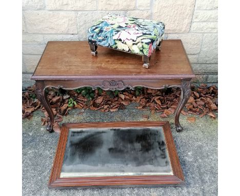 A Rectangular topped coffee table on carved cabriole legs 48 cm high, 42 x 88 cm. t/w oak framed mirror and tapestry seated s