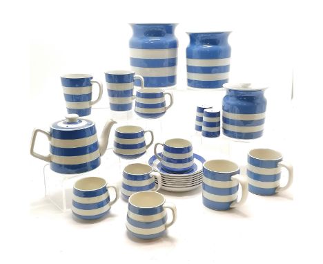 Qty of T G Green cornishware blue &amp; white inc 3 storage jars (tallest 18cm), 6 cups / saucers (1 cup &amp; 1 mug have cra