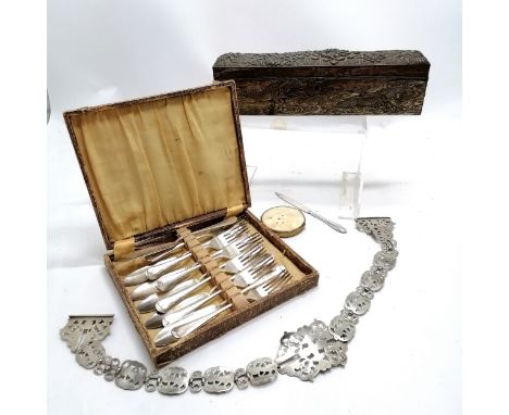 Antique antimony box 30cm long x 8cm high, epns belt, compact etc. 