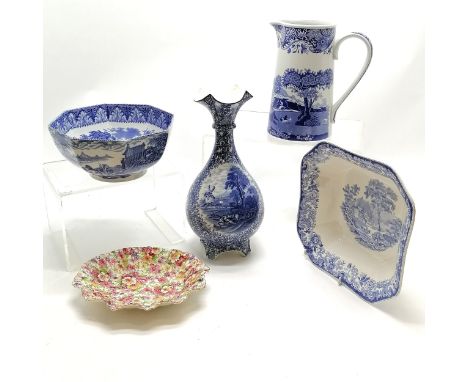 Quantity of blue and white china inc. Spode Italian jug 20cm high, Spode Blue Rhine veg dish, Saxon vase, all in good conditi