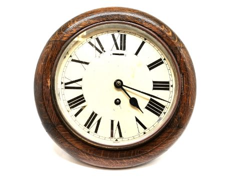 Oak cased circular Smiths wall clock with painted dial (slight losses) - 27cm diameter &amp; runs BUT WE CANNOT GUARANTEE THE