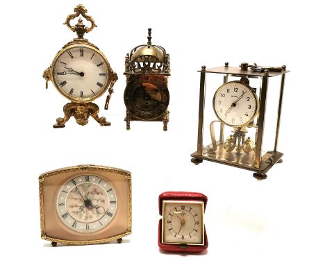 Swiss gilt metal mantle clock with key 21cm high, Smiths brass 8 day lantern clock , Bentina Anniversary clock and key and 2 