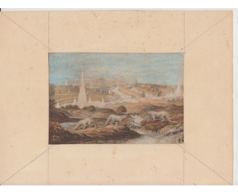1854 Baxter print + Le Blond (?) print of Crystal Palace (from the 1851 Great Exhibition) and gardens showing the dinosaurs s