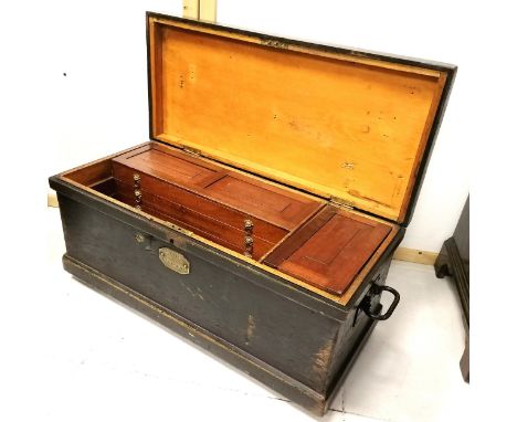 Antique pine painted tool chest with mahogany sliding drawers and box. Has makers brass plate 83cm x 38cm deep x 38cm high 