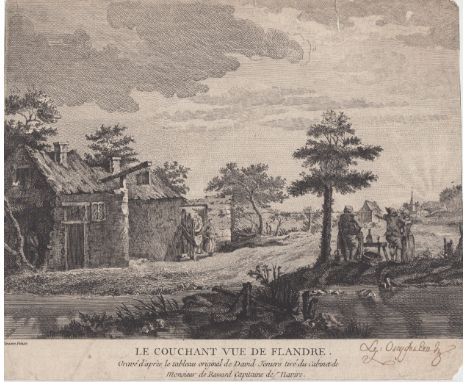 Antique print 'Le couchant vue de Flandre' after David Teniers the younger (1610-90) - 21cm x 25cm - trimmed &amp; has a coup