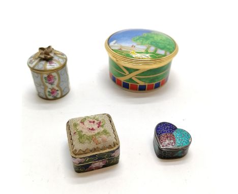 Royal Worcester Lazy days pill box 6cm diameter T/W a cloisonné pin box, 925 enamel heart shape box and Dresden lidded pot, b